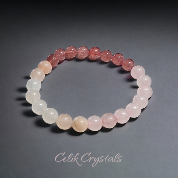 Rose Quartz, Strawberry Quartz & Peach Aventurine Bracelet Natural Stones 8mm - Picture 4 of 5